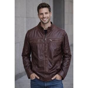 BKE Brown Genuine Leather Moto Jacket Quilted Elbow Patches Size L